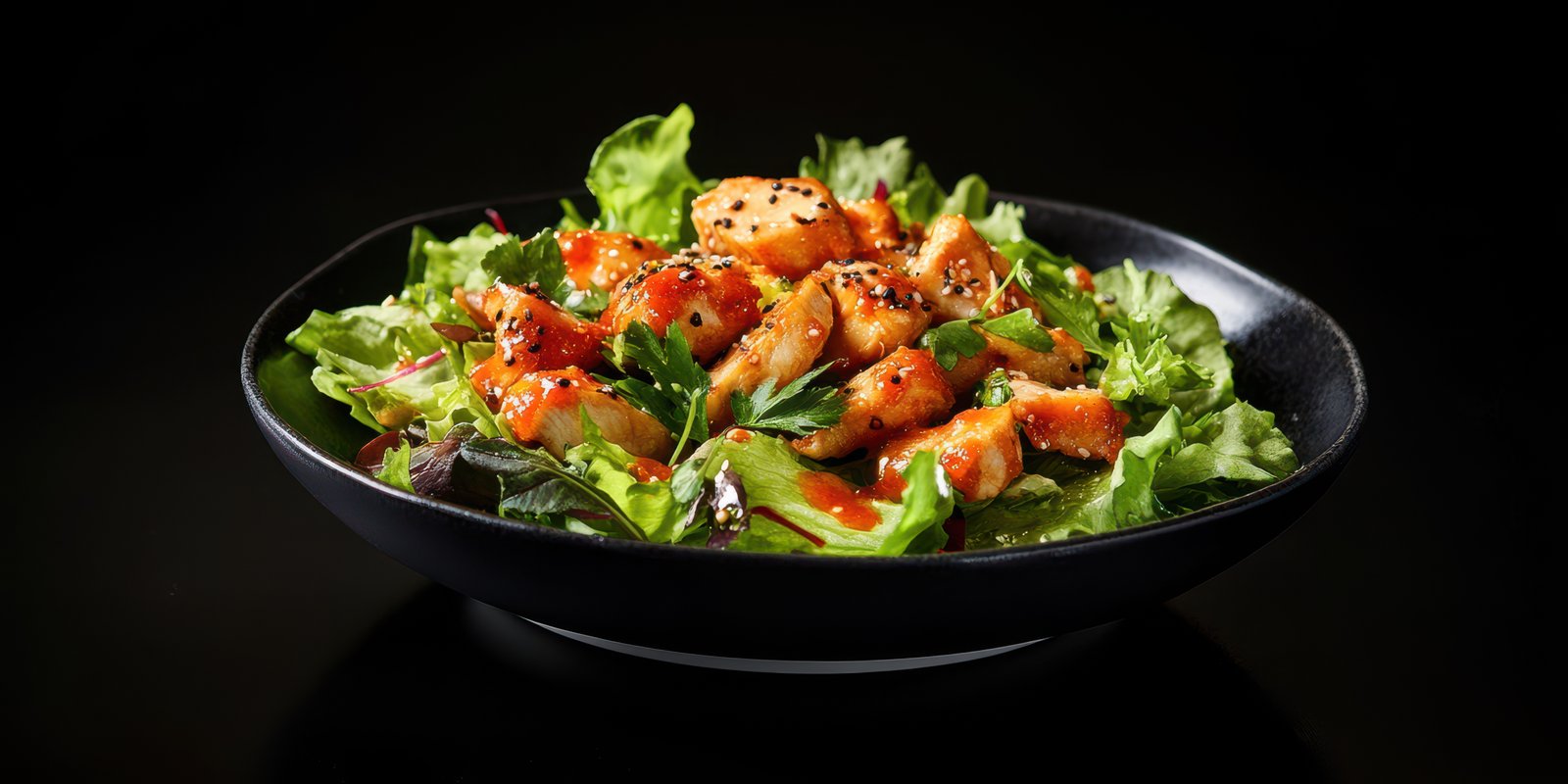 Fresh salad with grilled chicken and spicy dressing served in a black bowl